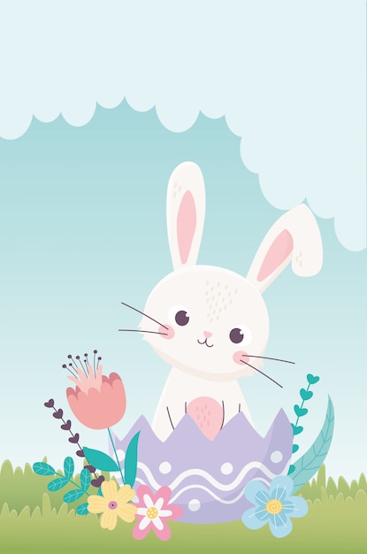 Feliz dia de páscoa, coelho em casca de ovo, folhas de decoração