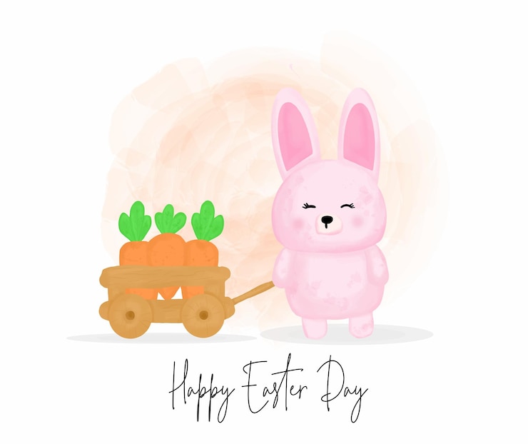 Vetor feliz dia de páscoa com coelho fofo carregando muitas cenouras usando personagem de desenho animado de carrinho