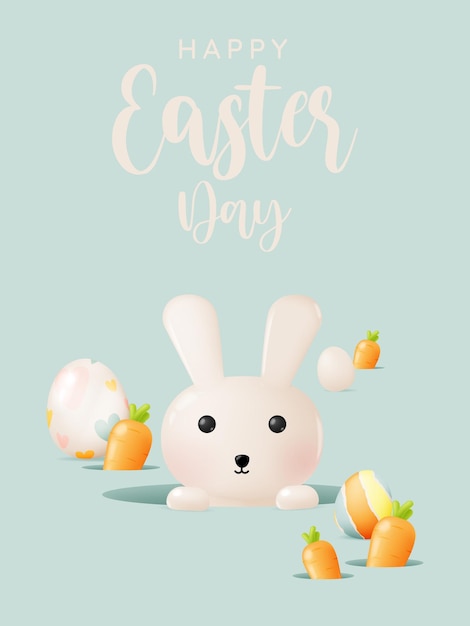 Feliz dia de páscoa com coelho fofo em estilo de arte realista 3d de cor pastel e muitos ovos de páscoa ilustração vetorial