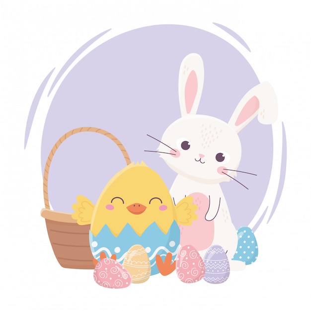 Feliz dia de páscoa, galinha de coelho na decoração de ovos de cesta de casca de ovo