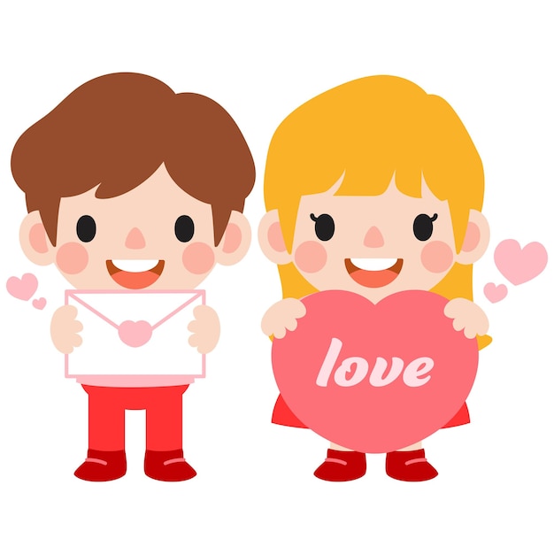 Vetor feliz dia de valentine casal adolescente clipart romântico menina e menino dando presente de coração