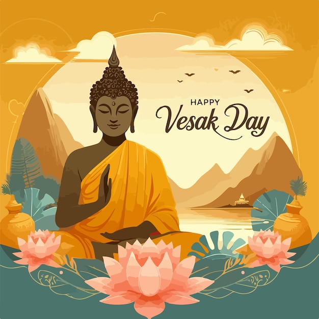 Feliz dia de vesak e buda purnima ilustração vetorial com o senhor buda conceito desenhado plano