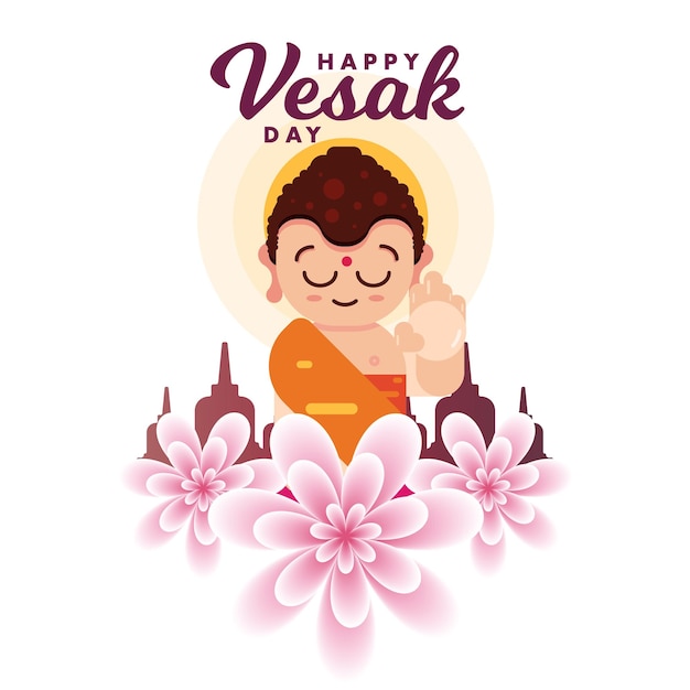 Feliz dia de vesak senhor buda meditando com templo e cartaz de lótus banner design vetorial saudação de arte