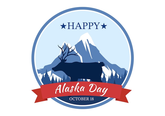 Feliz dia do alasca em 18 de outubro ilustração dos desenhos animados desenhados à mão com bandeira acenando na paisagem de inverno