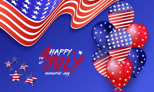 Feliz dia do memorial e 4 de julho feliz ilustração de celebração do dia independente dos eua com bandeira dos eua