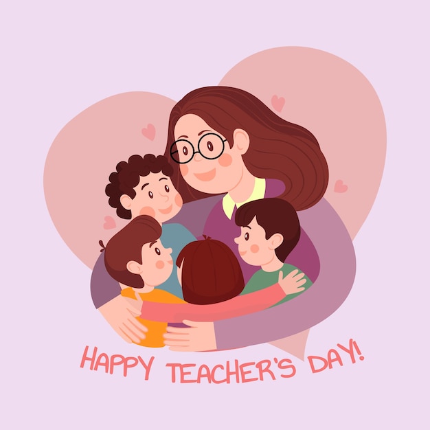 Feliz dia do professor o primeiro professor envolveu as crianças com amor ilustração em vetor plana
