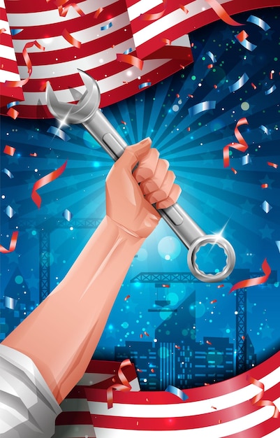 Feliz dia do trabalhador conceito de cartaz com mão de trabalhador segurando uma chave