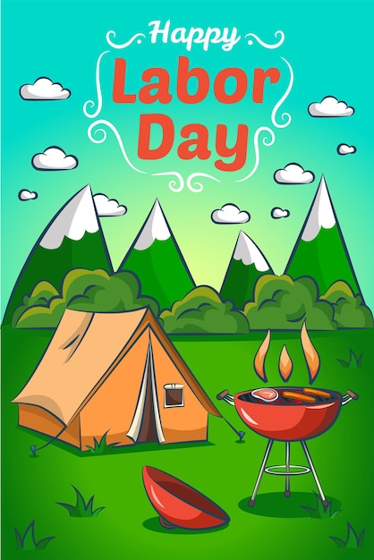 Feliz dia do trabalho. cartão, banner, cartaz. churrasqueira e barraca de camping nas montanhas