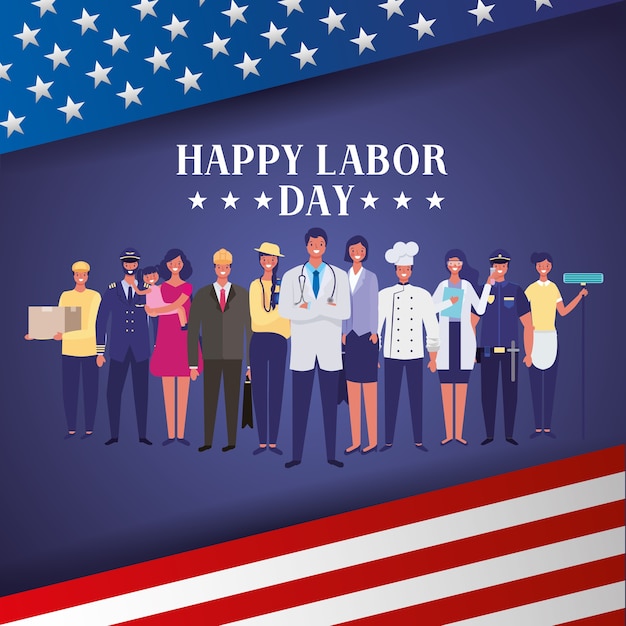 Feliz dia do trabalho com profissionais de pessoas sobre ilustração de fundo dos Estados Unidos