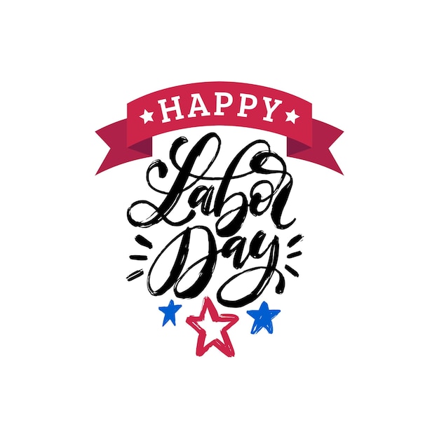 Feliz dia do trabalho, letras de mão em fundo de estrelas. Ilustração em vetor de feriado nos EUA para cartão de saudação ou convite, cartaz festivo ou banner.