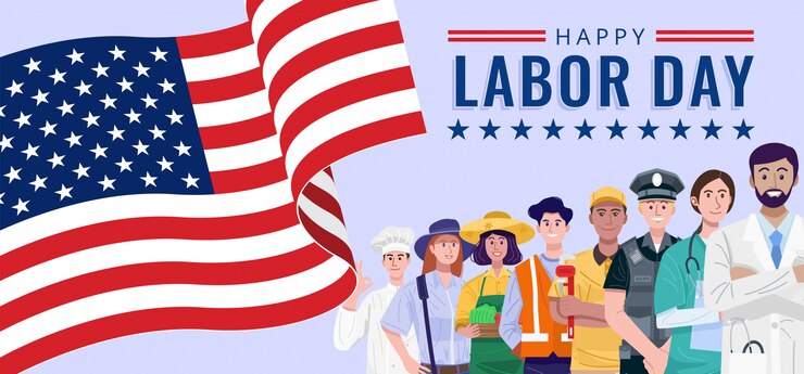 Vetor feliz dia do trabalho. várias ocupações pessoas em pé com a bandeira americana.