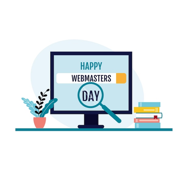 Feliz dia do webmaster. um laptop com uma mensagem de felicitações. o computador está na área de trabalho. ilustração em vetor em um estilo simples.