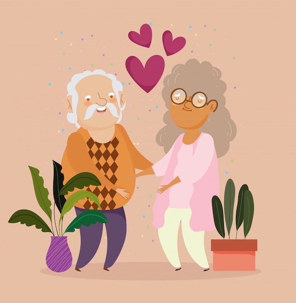 Vetor feliz dia dos avós, casal de velhos com plantas na ilustração de maconha e corações