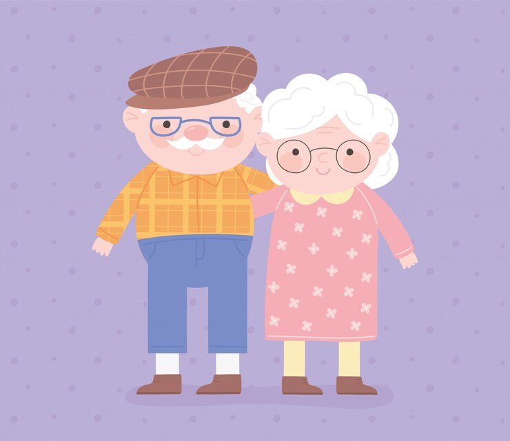 Vetor feliz dia dos avós, vovó e vovô abraçaram cartão de personagem dos desenhos animados
