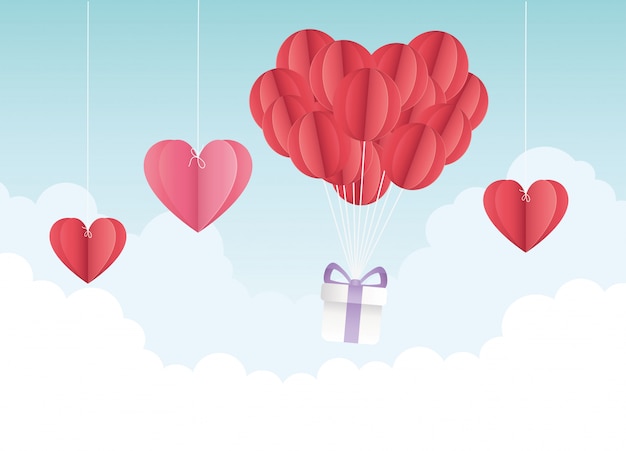 Vetor feliz dia dos namorados balões de origami corações presente nuvens