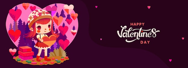 Vetor feliz dia dos namorados banner de celebração ou header design caracter de menina bonita de pé com caixas de presentes em fundo roxo