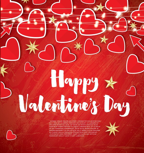 Feliz dia dos namorados cartão com corações vermelhos e guirlandas de néon. ilustração vetorial.