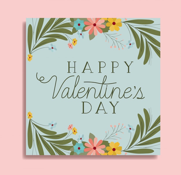 Vetor feliz dia dos namorados cartão com moldura quadrada e flores