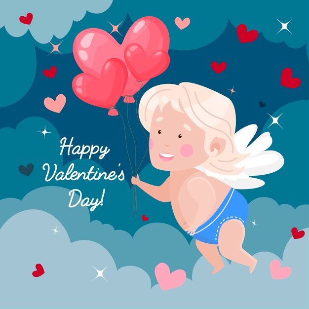 Feliz dia dos namorados cartão. Cupido com balões em forma de coração nas nuvens.