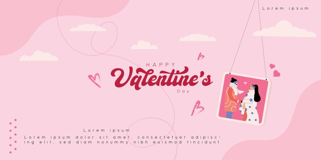 Vetor feliz dia dos namorados com céu rosa banner horizontal modelo de venda cartaz e moldura de foto de casal