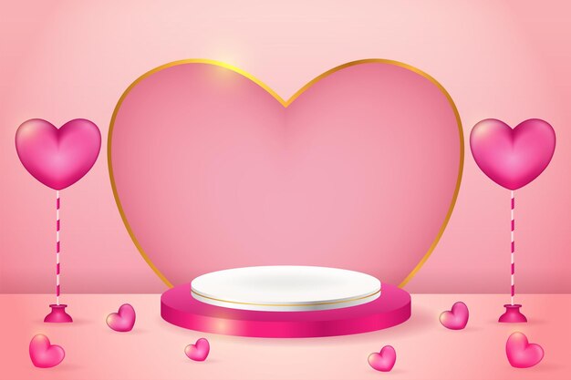 Feliz dia dos namorados com venda de produtos em 3D, display rosa pódio com coração ou amor realista