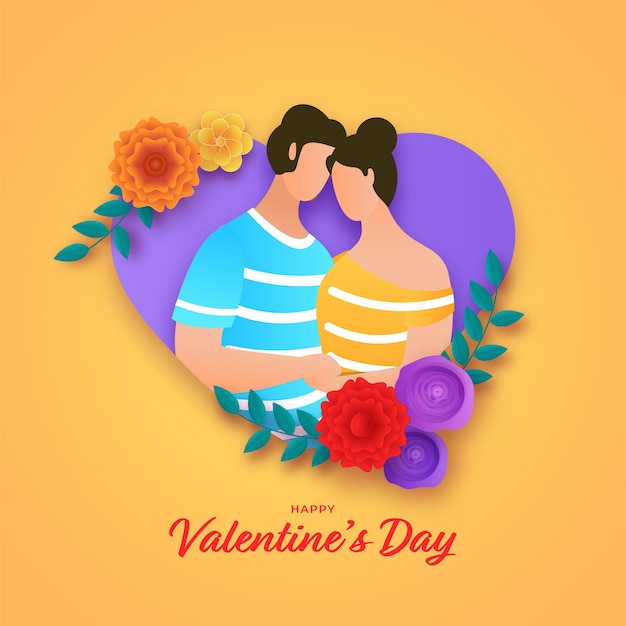 Feliz dia dos namorados conceito com desenho animado jovem casal juntos e flores coloridas coração decorado em fundo amarelo.