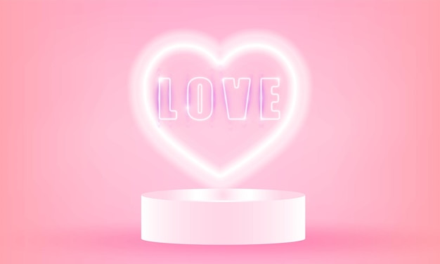 Feliz dia dos namorados coração de néon de fundo com blur hearts stage podium scene com para design de cartaz vetorial