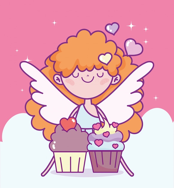 Feliz dia dos namorados, cupido bonito com cupcakes doces amo ilustração vetorial de desenhos animados