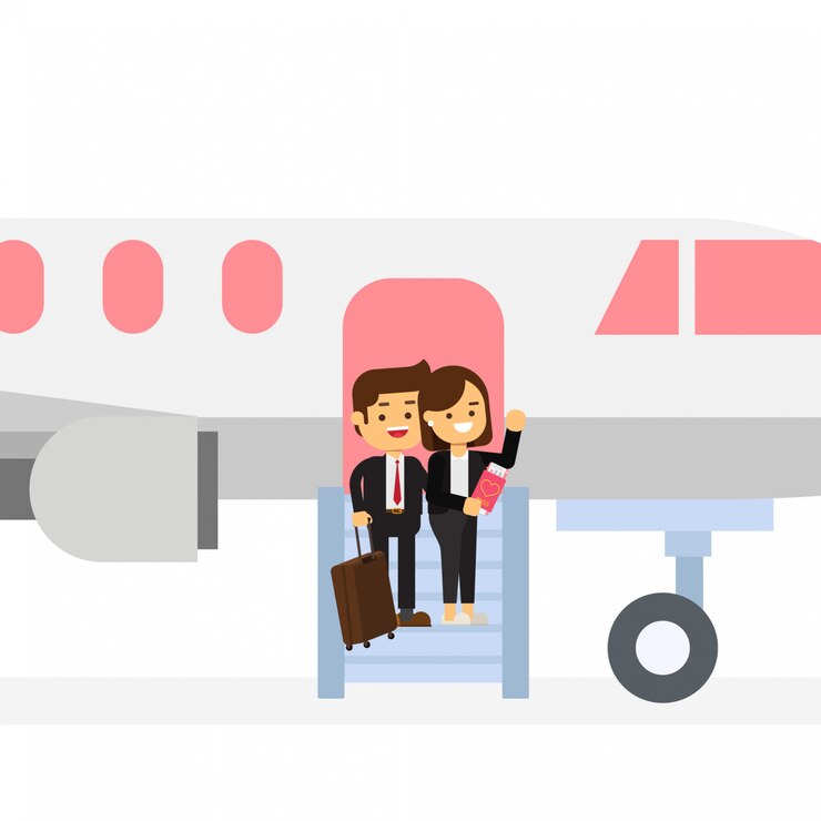 Vetor feliz dia dos namorados empresário e namorada sair do avião
