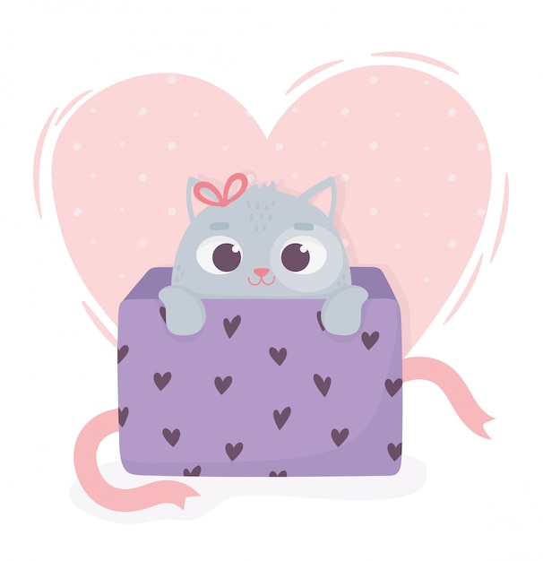 Feliz dia dos namorados gato bonito na caixa presente amor corações
