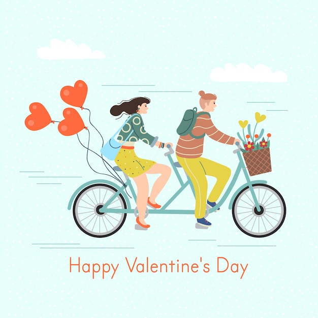 Feliz Dia dos namorados. Homem e mulher andando de bicicleta tandem. Ilustração em vetor gira em estilo cartoon plana.