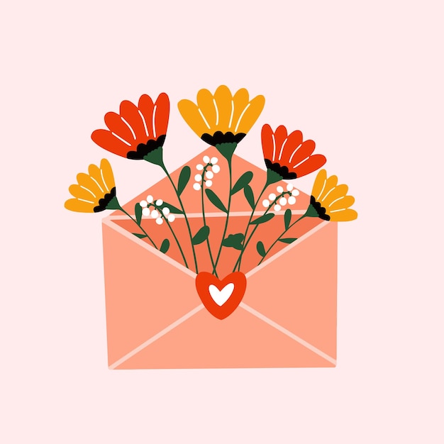 Feliz dia dos namorados. ilustração em vetor de envelope com flores dentro. lindo lindo buquê de flores dentro do envelope.