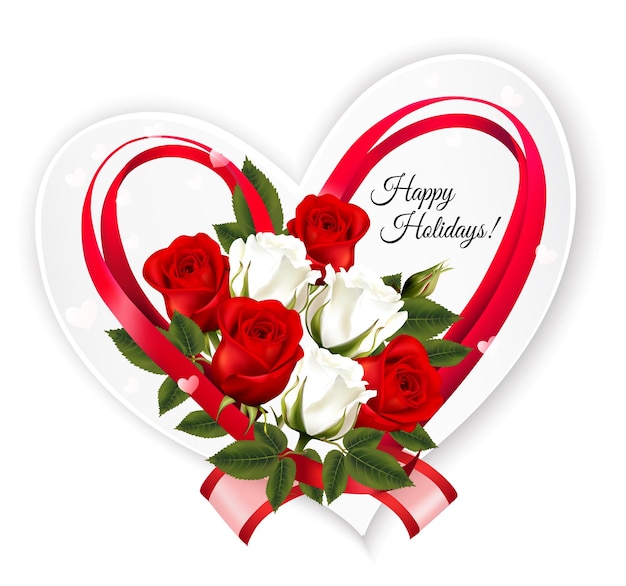 Feliz dia dos namorados lindo cartão com rosas coloridas e uma fita e arco em forma de coração vermelho. vetor.