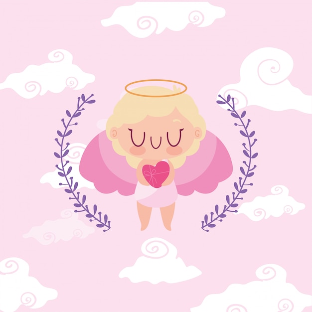 Feliz dia dos namorados loiro Cupido mulher e folhas grinalda