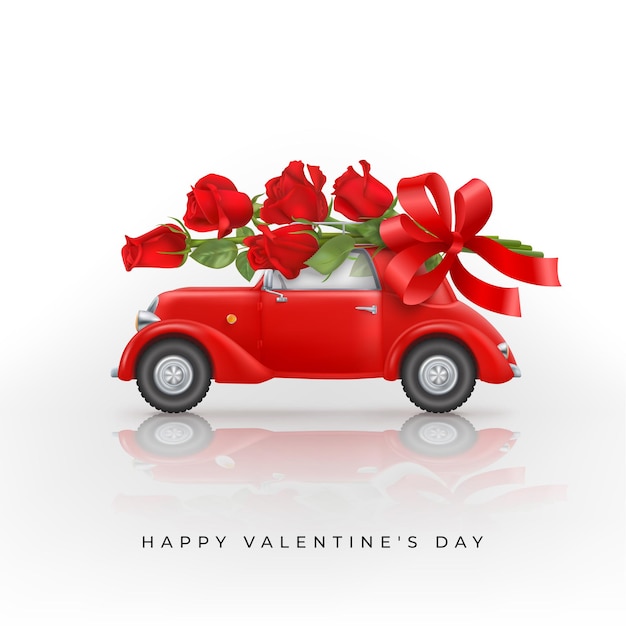 Feliz dia dos namorados, plano de fundo com rosas vermelhas no teto de um carro vermelho de brinquedo