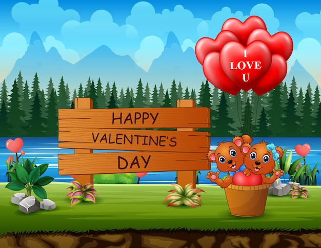 Feliz dia dos namorados sinal com urso casal e balões de coração