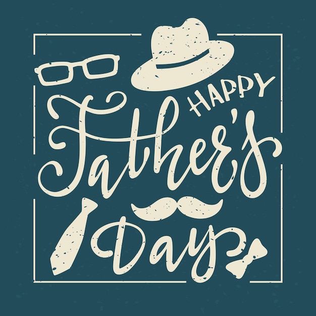 Feliz dia dos pais cartão com grunge lettering chapéu bigode óculos e gravata em fundo azul O conceito de melhor pai pode ser usado para cartões cartazes banners e ilustração de design de roupas