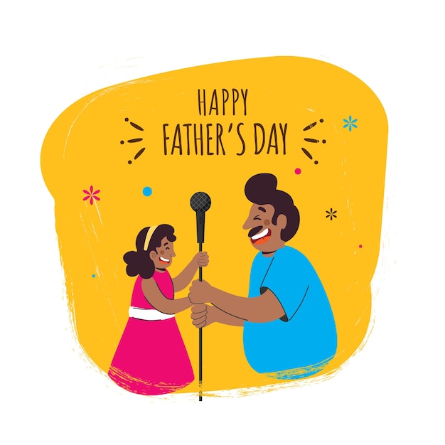 Vetor feliz dia dos pais conceito homem alegre com sua filha segurando o microfone em fundo laranja e branco
