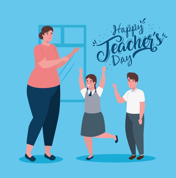 Feliz dia dos professores, com professora e alunos fofos