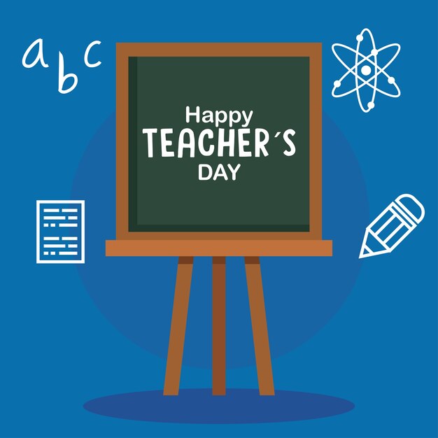 Feliz dia dos professores, com quadro-negro e ícones de educação