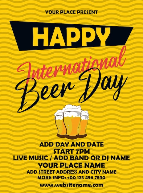 Feliz dia internacional da cerveja cartaz de panfleto de festa design de postagem de mídia social