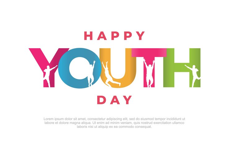 Vetor feliz dia internacional da juventude em 12 de agosto com pessoas felizes e letras de texto coloridas campanha desenhada à mão em fundo branco