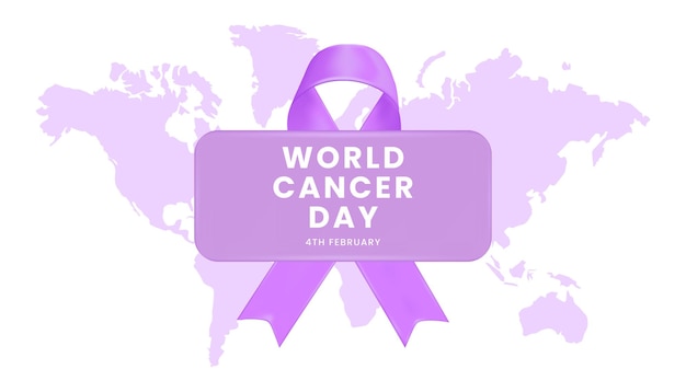 Feliz dia mundial do câncer com mapa do mundo de fita roxa e forma de retângulo