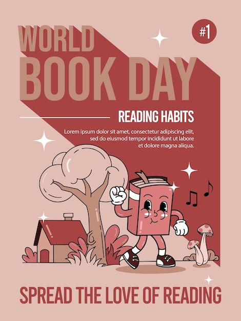 Feliz Dia Mundial do Livro Hábitos de leitura cartoon estilo dos anos 70
