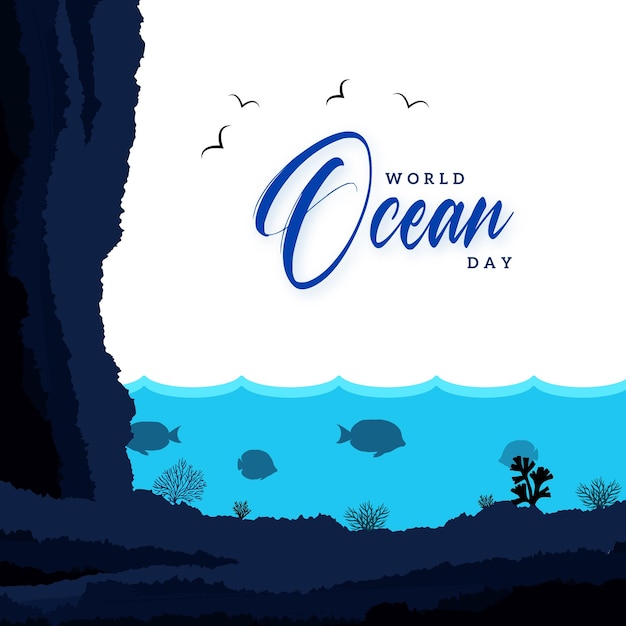 Vetor feliz dia mundial do oceano azul fundo branco banner de design de mídia social vetor grátis