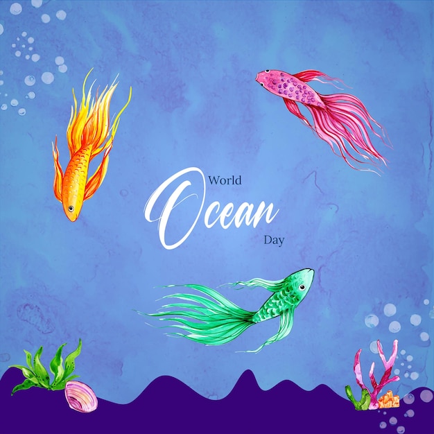 Feliz dia mundial do oceano azul verde amarelo fundo banner de design de mídia social Vetor grátis