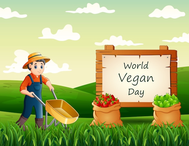 Feliz dia mundial vegano com o jovem agricultor