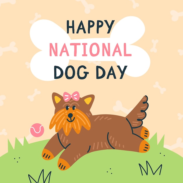Vetor feliz dia nacional do cão design de cartão de saudação cão raça yorkshire terrier com uma bola estilo desenho animado
