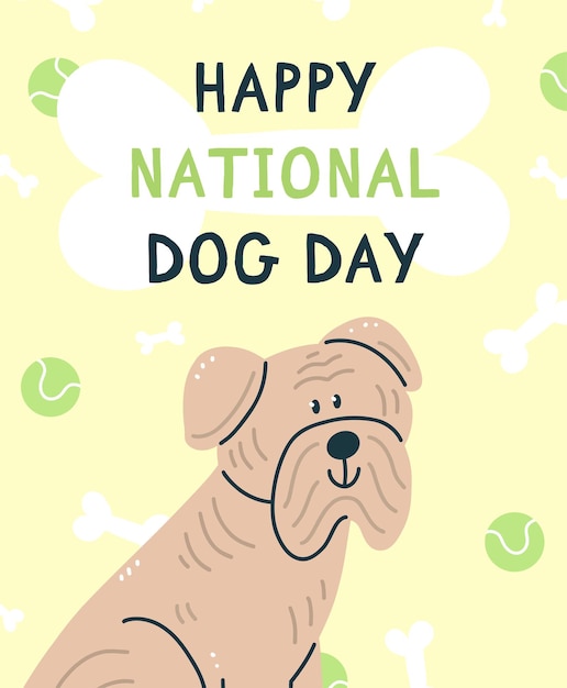 Feliz dia nacional do cão design de cartão Um cão afiado com bolas em um estilo de desenho animado