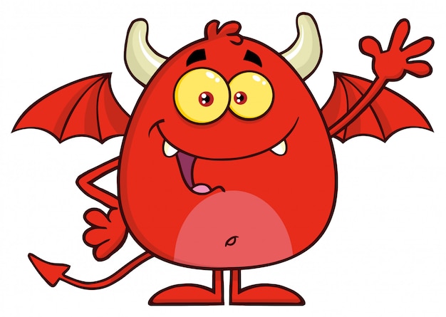 Feliz diabo vermelho cartoon personagem acenando